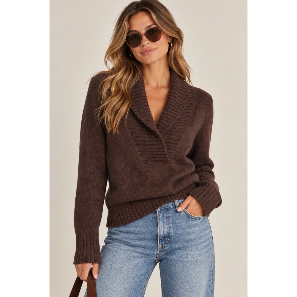 Theory 100% Cashmere Chocolate Brown V Neck Sweater Medium